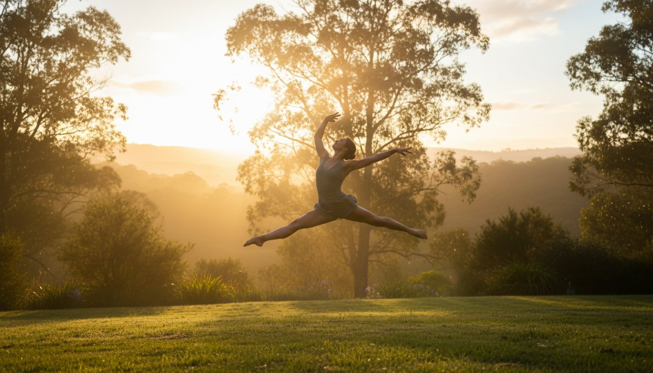 A male dancer in peak extension, mid-air, bathed in golden hour light, performing an incredible leap against the misty, eucalypt-lined backdrop of Tremont, Victoria, epitomizing dynamic dance photography Tremont Victoria's breathtaking artistry.