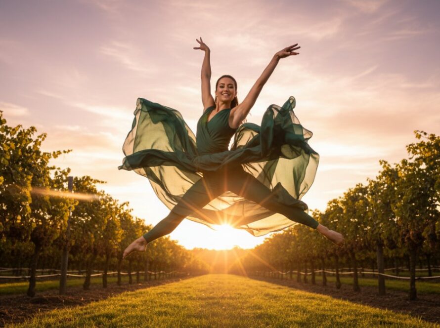 An epic moment captured in a dynamic dance photography Yarra Glen studios session, featuring a ballet dancer mid-leap, silhouetted against a softly lit, rustic Yarra Valley backdrop, showcasing incredible athleticism and grace.