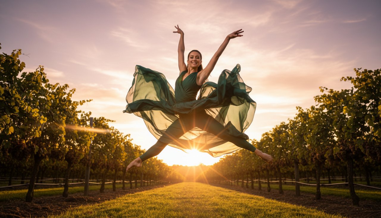 An epic moment captured in a dynamic dance photography Yarra Glen studios session, featuring a ballet dancer mid-leap, silhouetted against a softly lit, rustic Yarra Valley backdrop, showcasing incredible athleticism and grace.