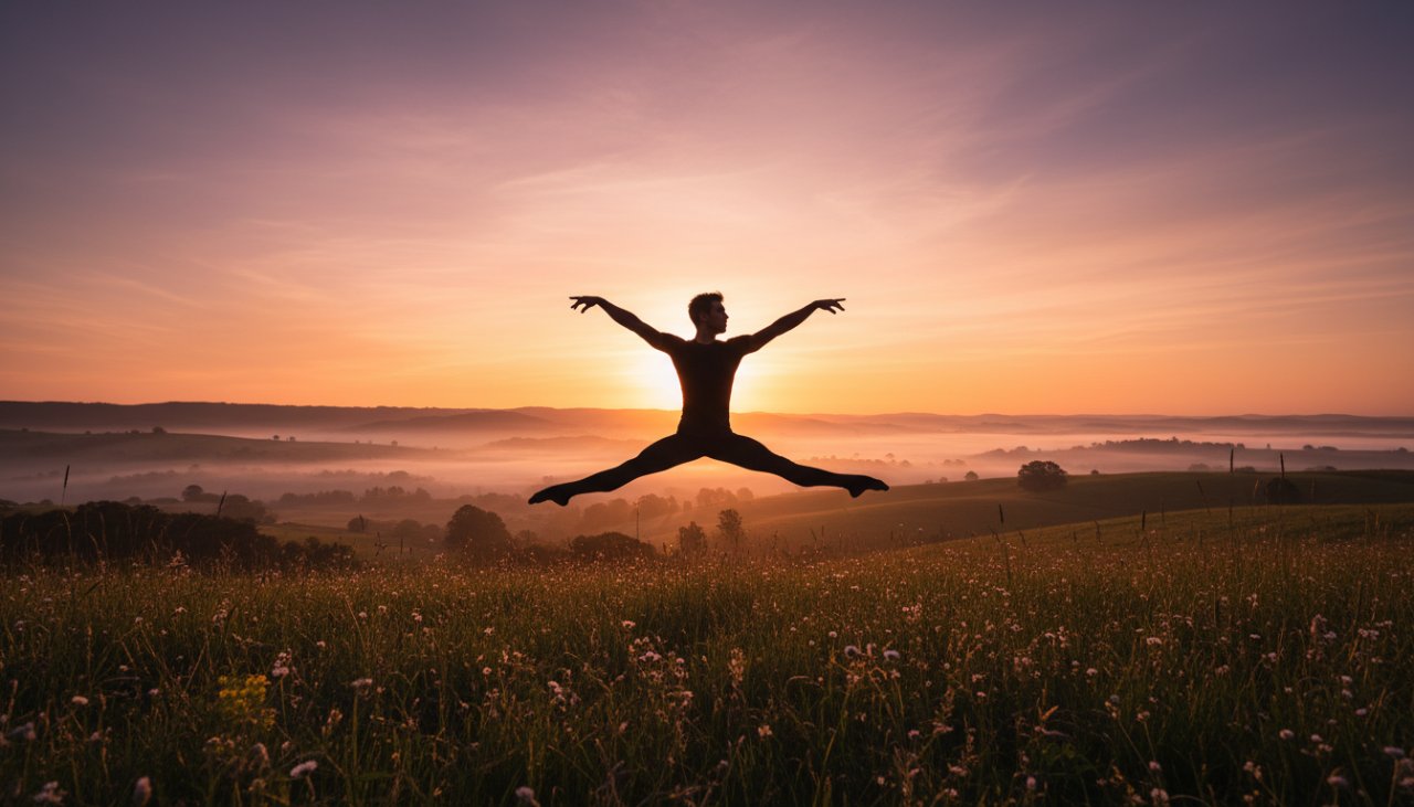 A dancer in mid-air, silhouetted against a golden sunrise over the rolling hills of Castella, capturing a truly Dynamic Dance Photoshoot Castella Victoria epic moment with powerful motion and vibrant colours.