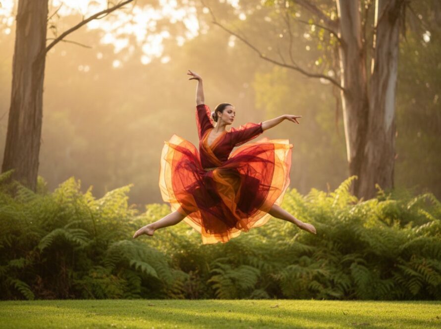 A professional dancer captured mid-leap against the lush, misty Ferny Creek bushland, showcasing dynamic dance portraits Ferny Creek bushland with dramatic backlight filtering through eucalyptus trees, creating an epic moment of grace and power.