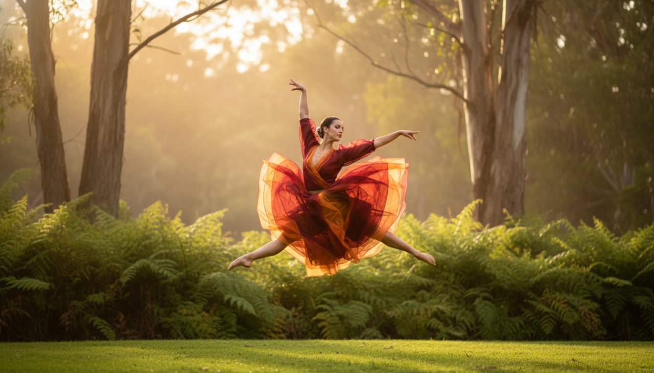 A professional dancer captured mid-leap against the lush, misty Ferny Creek bushland, showcasing dynamic dance portraits Ferny Creek bushland with dramatic backlight filtering through eucalyptus trees, creating an epic moment of grace and power.