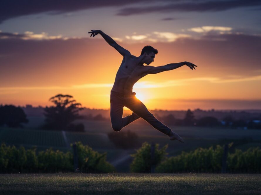 A male ballet dancer mid-air in an awe-inspiring grand jeté, captured in a dynamic dance portrait in a Somerville studio, showcasing power and grace under dramatic lighting.