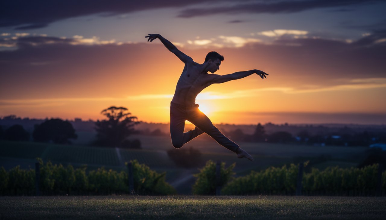 A male ballet dancer mid-air in an awe-inspiring grand jeté, captured in a dynamic dance portrait in a Somerville studio, showcasing power and grace under dramatic lighting.