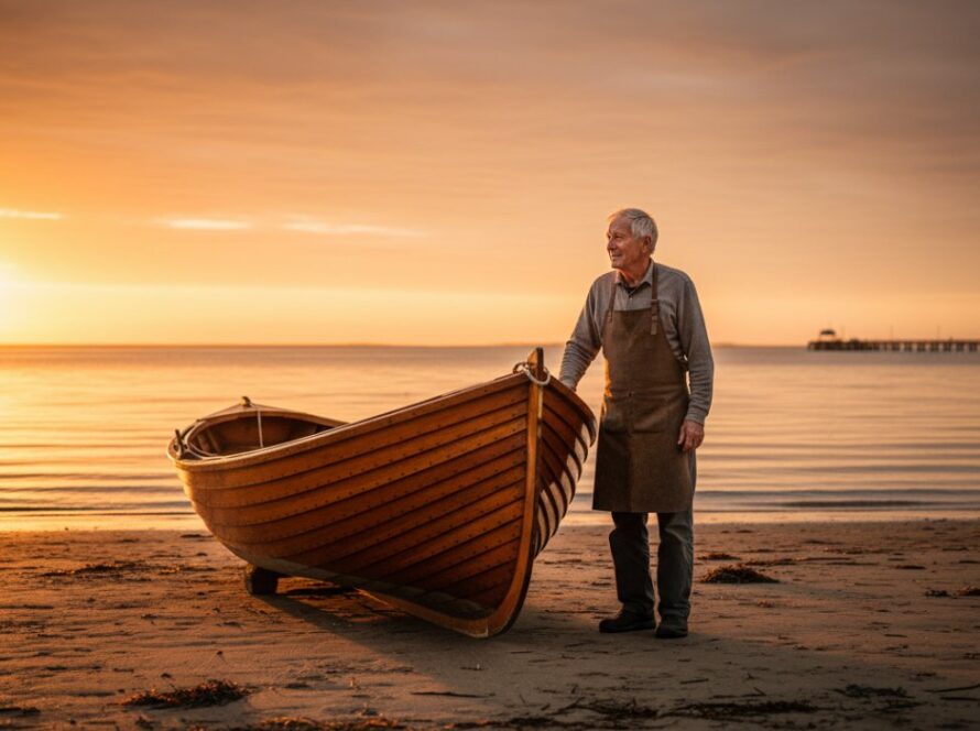 An epic moment of dynamic editorial photography Hastings businesses coastal narratives, featuring a local artisanal boat builder proudly showcasing their handcrafted vessel at sunset on the Hastings foreshore, with dramatic golden light.