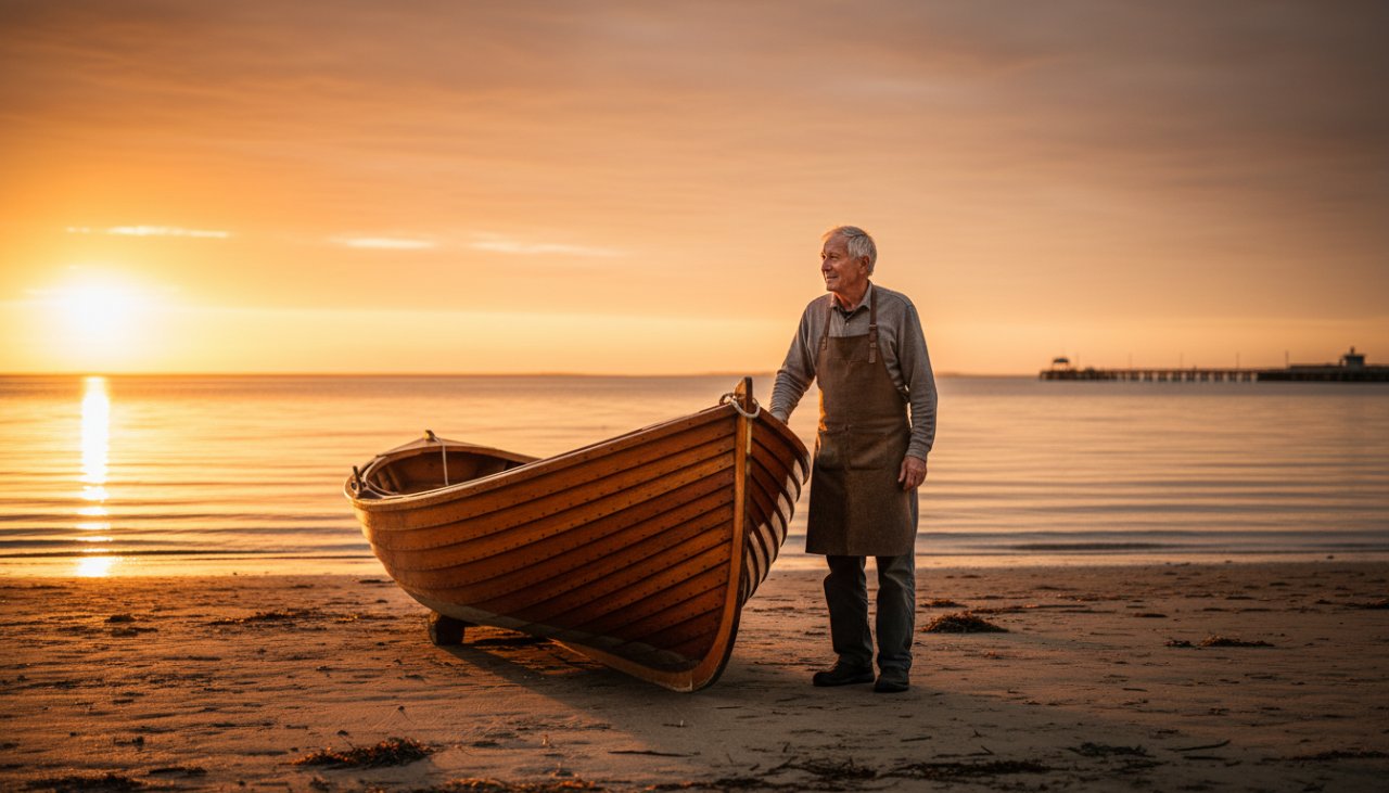 An epic moment of dynamic editorial photography Hastings businesses coastal narratives, featuring a local artisanal boat builder proudly showcasing their handcrafted vessel at sunset on the Hastings foreshore, with dramatic golden light.