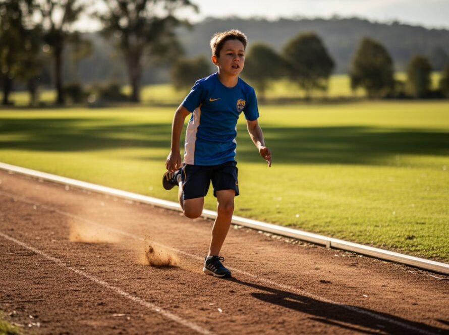 An exhilarating, low-angle shot capturing a young athlete mid-jump during a track event at a sun-drenched oval in Badger Creek, showcasing the dynamic junior athletics photography Badger Creek is known for, with vibrant colours and intense focus.