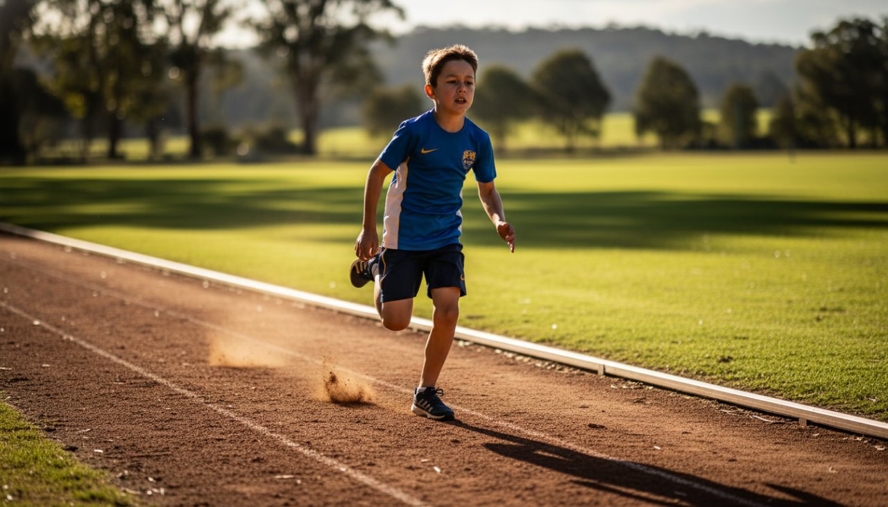An exhilarating, low-angle shot capturing a young athlete mid-jump during a track event at a sun-drenched oval in Badger Creek, showcasing the dynamic junior athletics photography Badger Creek is known for, with vibrant colours and intense focus.