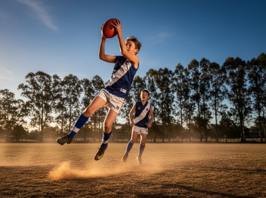 An epic moment of dynamic junior football Launching Victoria photography, capturing a young footballer mid-air, kicking for goal with intense focus, golden hour light illuminating the dusty field and cheering spectators in the background.