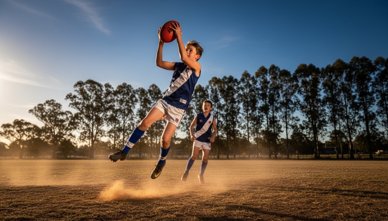 An epic moment of dynamic junior football Launching Victoria photography, capturing a young footballer mid-air, kicking for goal with intense focus, golden hour light illuminating the dusty field and cheering spectators in the background.