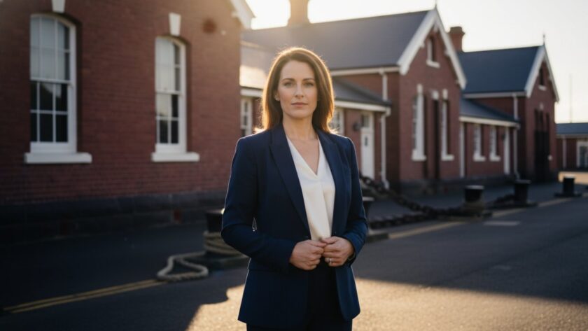 A dynamic professional portrait of a confident executive, silhouetted against the iconic historical naval architecture of HMAS Cerberus naval base at sunset, showcasing a commanding presence for their career edge.
