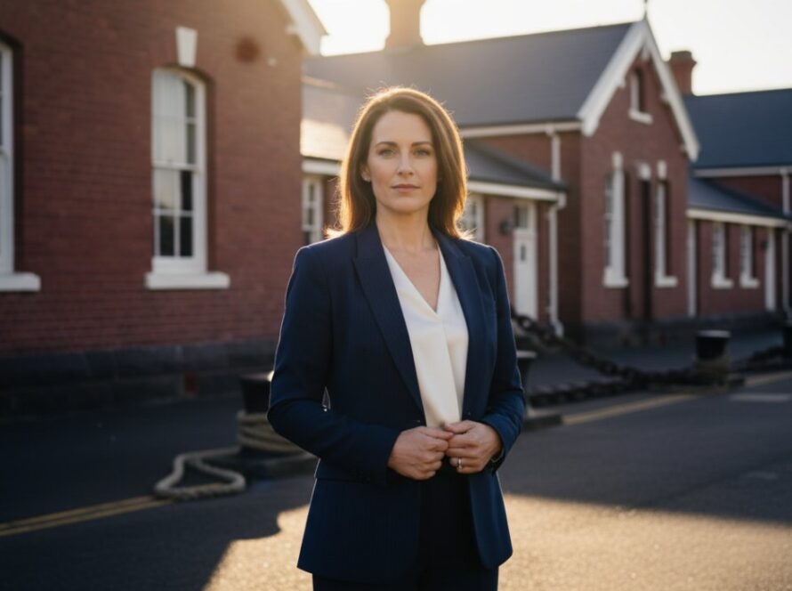 A dynamic professional portrait of a confident executive, silhouetted against the iconic historical naval architecture of HMAS Cerberus naval base at sunset, showcasing a commanding presence for their career edge.