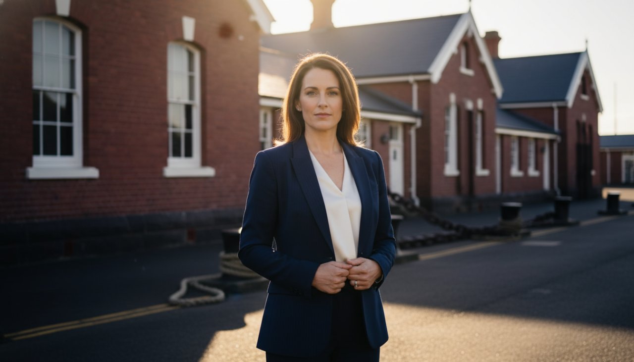 A dynamic professional portrait of a confident executive, silhouetted against the iconic historical naval architecture of HMAS Cerberus naval base at sunset, showcasing a commanding presence for their career edge.