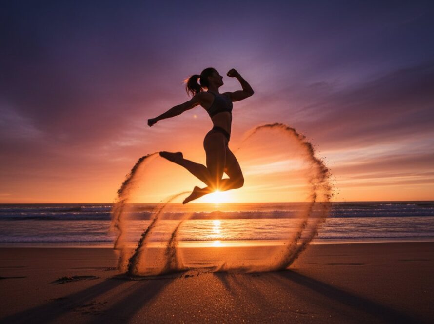 An athlete mid-air during a dynamic sports action photography session in Rye, Victoria, silhouetted against a golden sunset over the foreshore, capturing an epic moment of athleticism and power.
