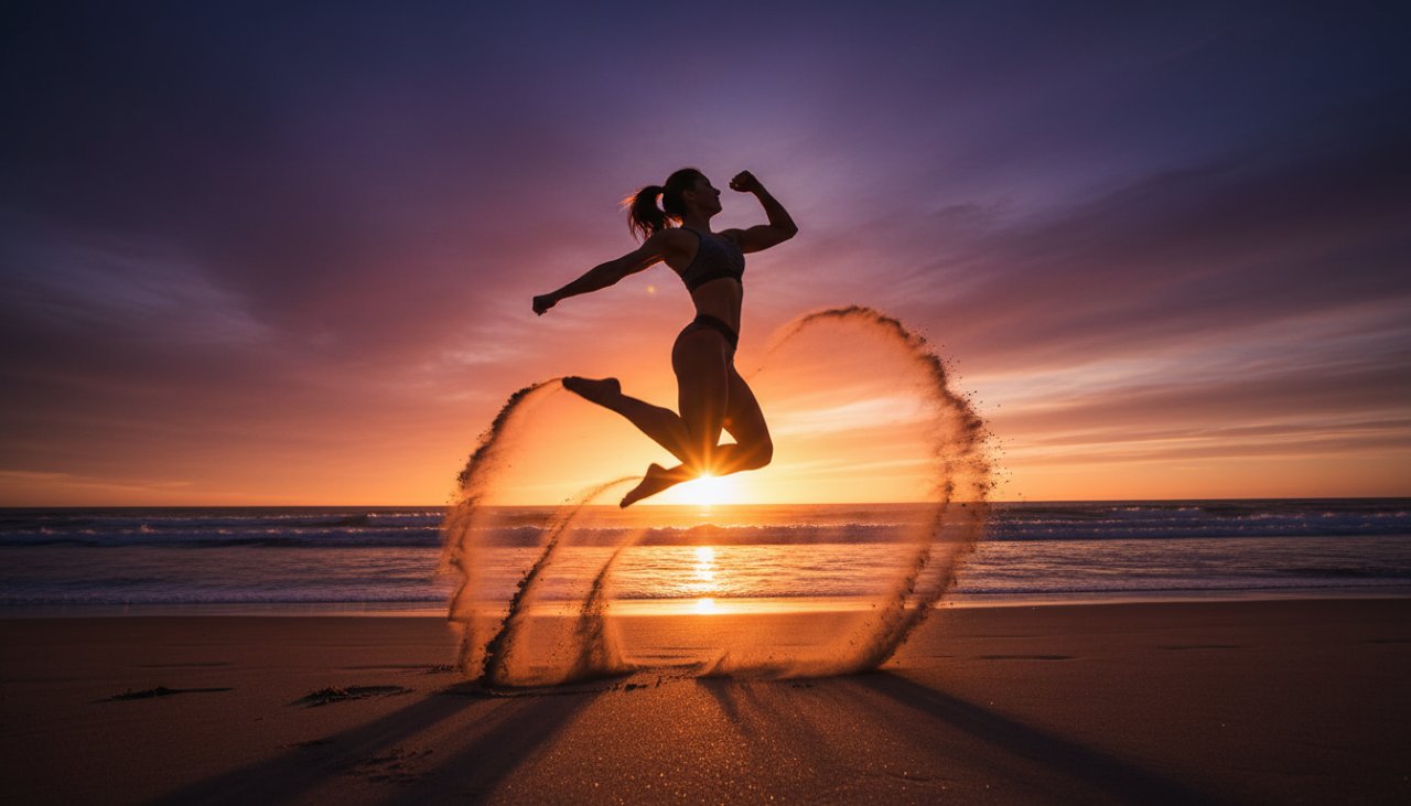 An athlete mid-air during a dynamic sports action photography session in Rye, Victoria, silhouetted against a golden sunset over the foreshore, capturing an epic moment of athleticism and power.