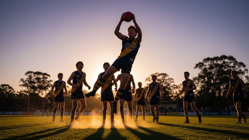 An epic moment of a young Australian Rules Football player soaring for a mark during a twilight game in Tremont, Victoria, their face determined, with the dynamic sports action photography Tremont Victoria capturing the dramatic interplay of light and shadow on the field, spectators blurred in the background.