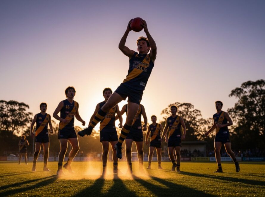 An epic moment of a young Australian Rules Football player soaring for a mark during a twilight game in Tremont, Victoria, their face determined, with the dynamic sports action photography Tremont Victoria capturing the dramatic interplay of light and shadow on the field, spectators blurred in the background.
