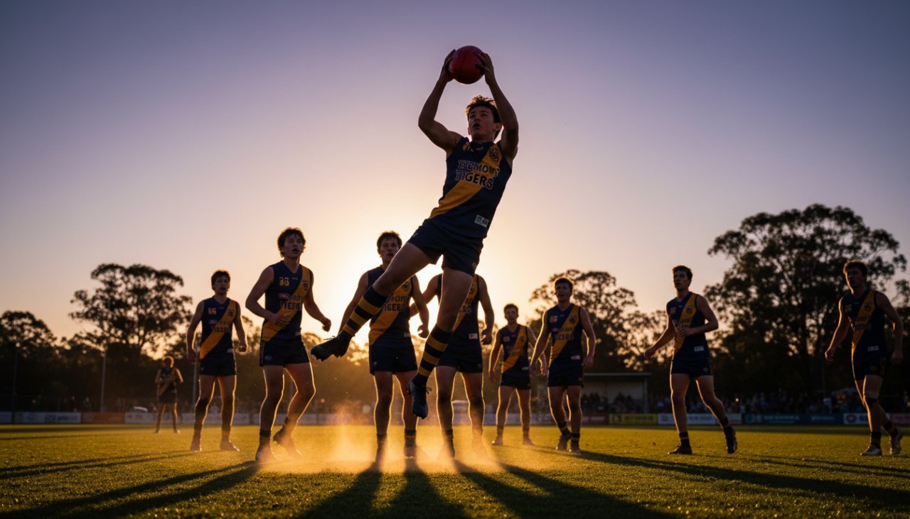 An epic moment of a young Australian Rules Football player soaring for a mark during a twilight game in Tremont, Victoria, their face determined, with the dynamic sports action photography Tremont Victoria capturing the dramatic interplay of light and shadow on the field, spectators blurred in the background.
