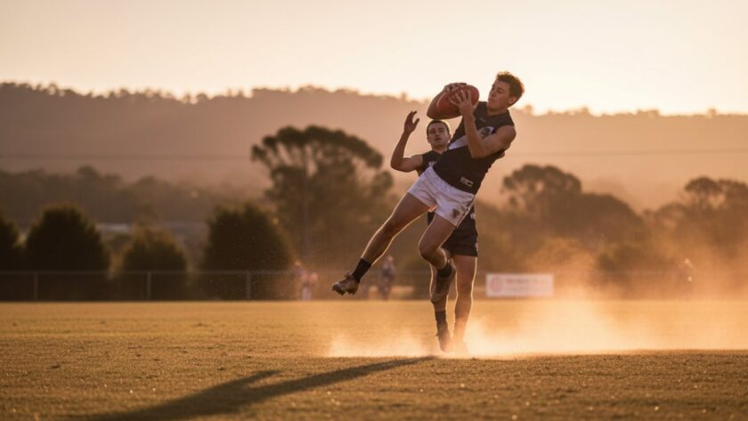 An exhilarating dynamic sports photography Chum Creek Victoria image capturing an Australian Rules Football player mid-air, making a spectacular mark with the ball, sun setting over rolling hills in the background, conveying power and determination.