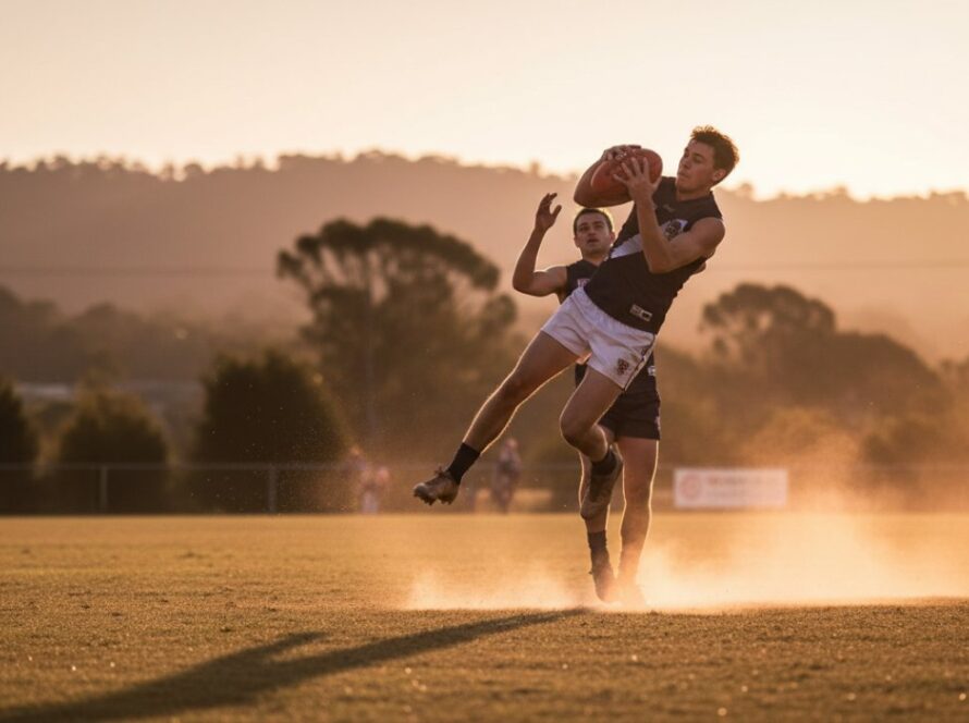 An exhilarating dynamic sports photography Chum Creek Victoria image capturing an Australian Rules Football player mid-air, making a spectacular mark with the ball, sun setting over rolling hills in the background, conveying power and determination.