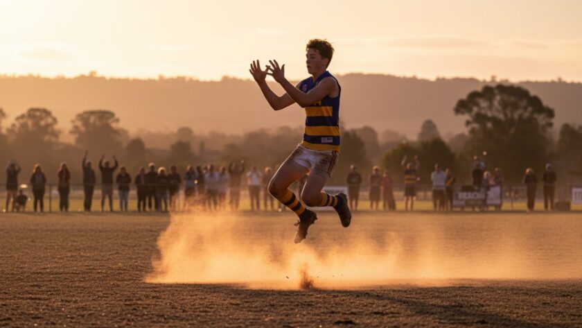 A wide-angle, low-shot photograph capturing an exhilarating moment of a junior Australian Rules Football player kicking for goal during a dynamic sports photography Woori Yallock events coverage, with cheering spectators and the Woori Yallock sports oval in the background under golden hour light.