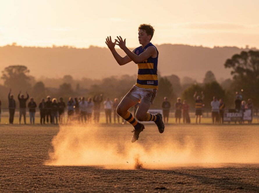 A wide-angle, low-shot photograph capturing an exhilarating moment of a junior Australian Rules Football player kicking for goal during a dynamic sports photography Woori Yallock events coverage, with cheering spectators and the Woori Yallock sports oval in the background under golden hour light.