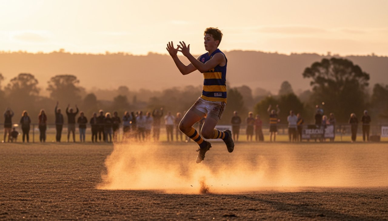 A wide-angle, low-shot photograph capturing an exhilarating moment of a junior Australian Rules Football player kicking for goal during a dynamic sports photography Woori Yallock events coverage, with cheering spectators and the Woori Yallock sports oval in the background under golden hour light.