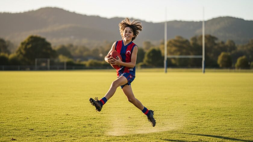 An exhilarating capture showcasing dynamic Tecoma youth sports photography, featuring a young athlete scoring a goal with intense focus and joy, framed against the vibrant green of a Tecoma sports ground at sunset.