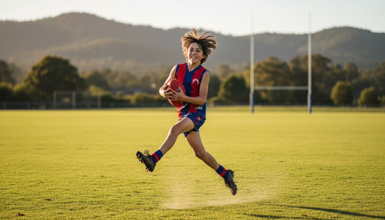 An exhilarating capture showcasing dynamic Tecoma youth sports photography, featuring a young athlete scoring a goal with intense focus and joy, framed against the vibrant green of a Tecoma sports ground at sunset.