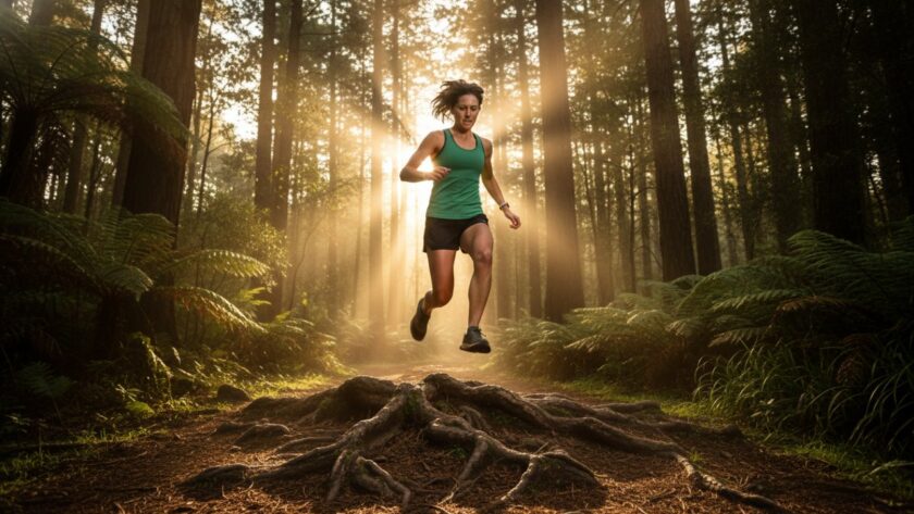 Epic moment of a trail runner mid-stride, captured with 'Dynamic Trail Running Photos Sassafras Dandenongs' expertise, silhouetted against a golden sunset in the Dandenong Ranges, displaying determination and grace.