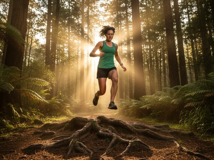 Epic moment of a trail runner mid-stride, captured with 'Dynamic Trail Running Photos Sassafras Dandenongs' expertise, silhouetted against a golden sunset in the Dandenong Ranges, displaying determination and grace.