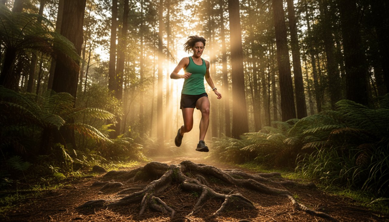 Epic moment of a trail runner mid-stride, captured with 'Dynamic Trail Running Photos Sassafras Dandenongs' expertise, silhouetted against a golden sunset in the Dandenong Ranges, displaying determination and grace.