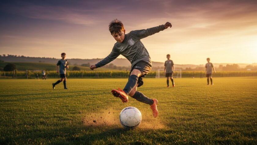 An epic, dynamic Yarra Glen junior soccer photography shot capturing a young player mid-kick, ball in motion, dust flying, with the Yarra Glen hills visible in the golden hour light in the background. High-energy, sharp focus, cinematic.