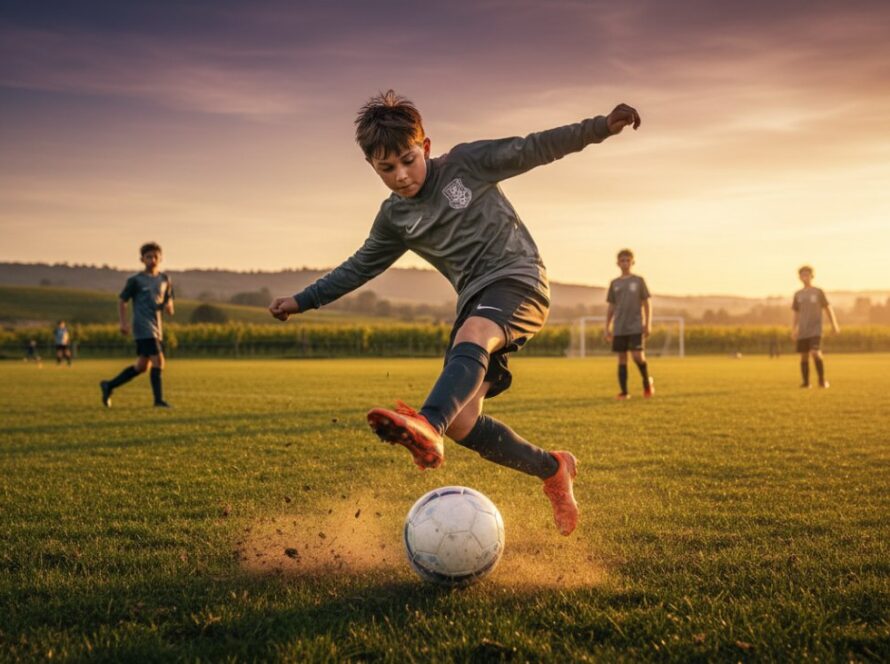 An epic, dynamic Yarra Glen junior soccer photography shot capturing a young player mid-kick, ball in motion, dust flying, with the Yarra Glen hills visible in the golden hour light in the background. High-energy, sharp focus, cinematic.