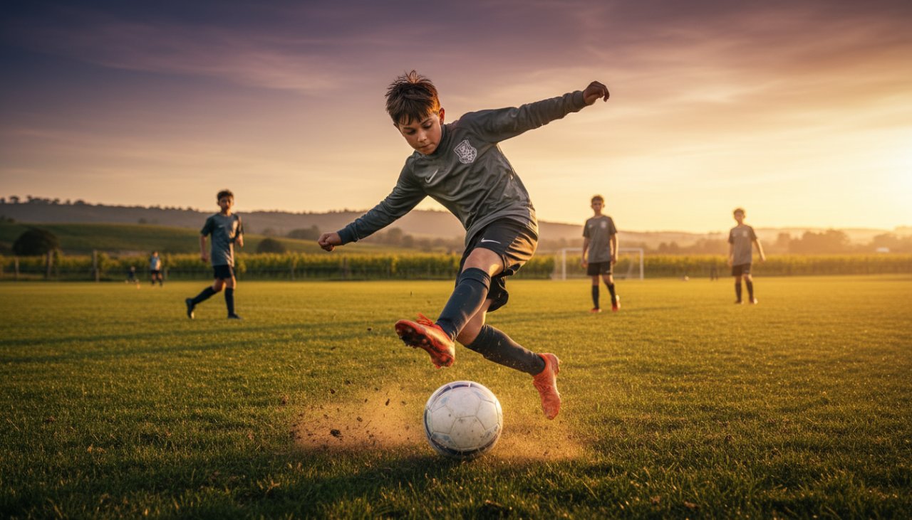 An epic, dynamic Yarra Glen junior soccer photography shot capturing a young player mid-kick, ball in motion, dust flying, with the Yarra Glen hills visible in the golden hour light in the background. High-energy, sharp focus, cinematic.