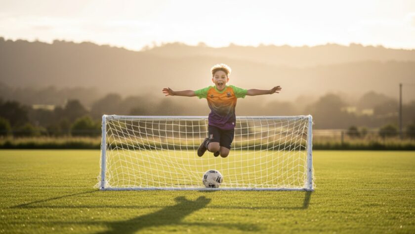 A victorious junior athlete leaps in the air, arms raised in triumph, bathed in golden hour light on a sports field in Cockatoo, Victoria, perfectly encapsulating dynamic youth sports photography Cockatoo Victoria.