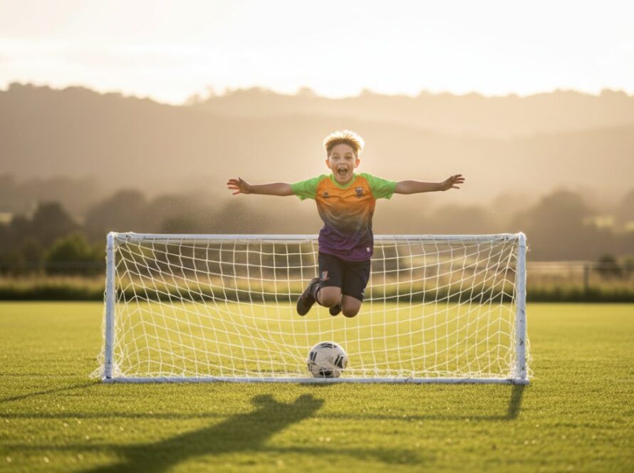 A victorious junior athlete leaps in the air, arms raised in triumph, bathed in golden hour light on a sports field in Cockatoo, Victoria, perfectly encapsulating dynamic youth sports photography Cockatoo Victoria.