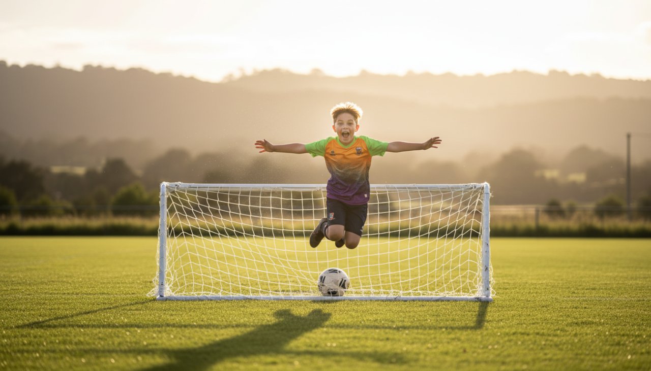 A victorious junior athlete leaps in the air, arms raised in triumph, bathed in golden hour light on a sports field in Cockatoo, Victoria, perfectly encapsulating dynamic youth sports photography Cockatoo Victoria.