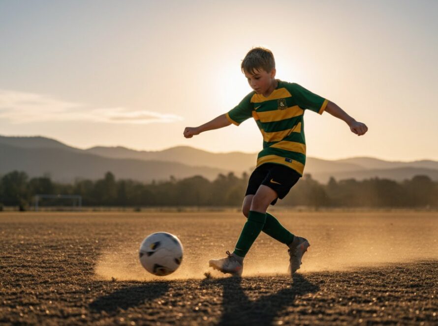 An epic moment of dynamic youth sports photography Menzies Creek, showcasing a young soccer player mid-kick, ball blurred with motion, against a sun-drenched oval.
