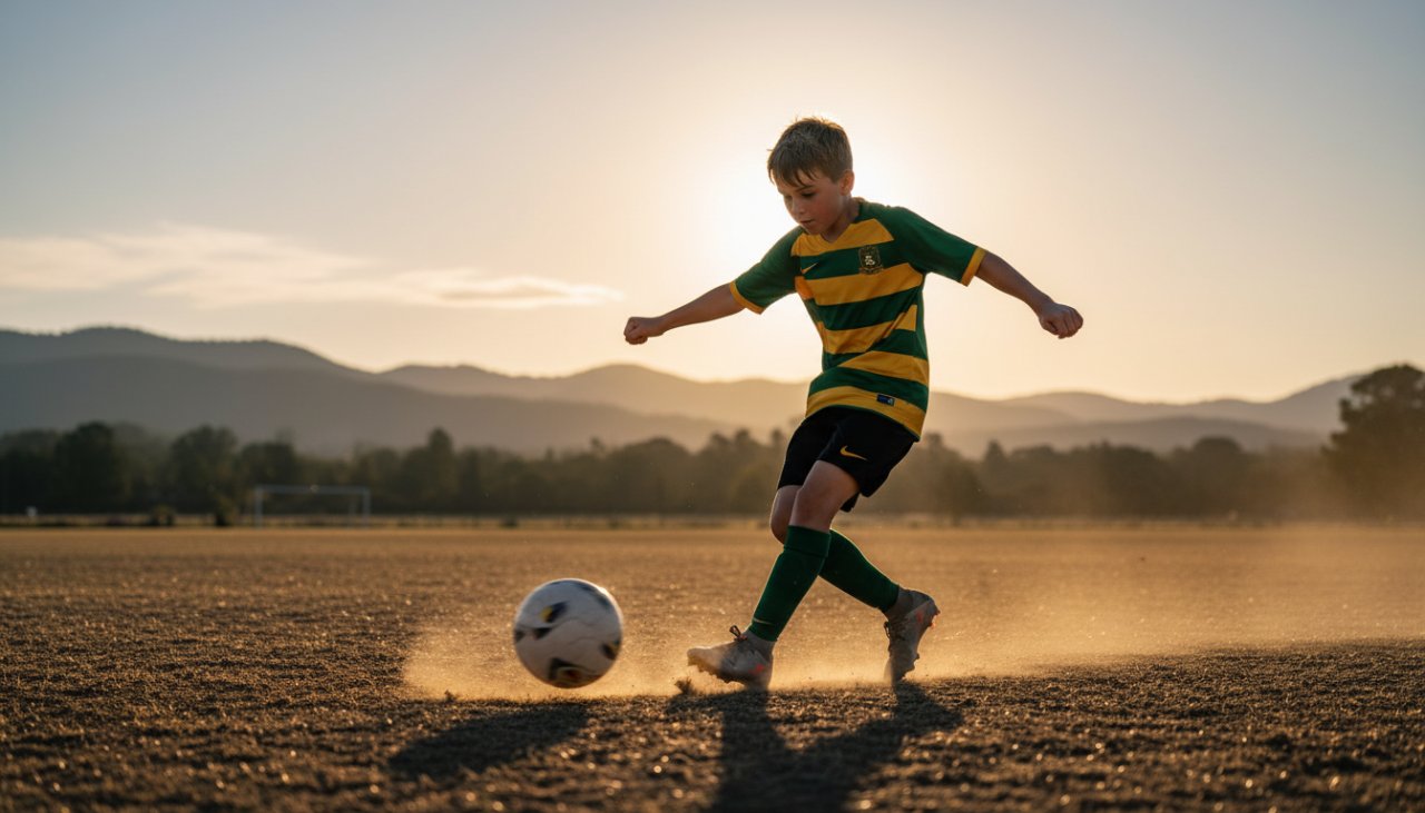 An epic moment of dynamic youth sports photography Menzies Creek, showcasing a young soccer player mid-kick, ball blurred with motion, against a sun-drenched oval.