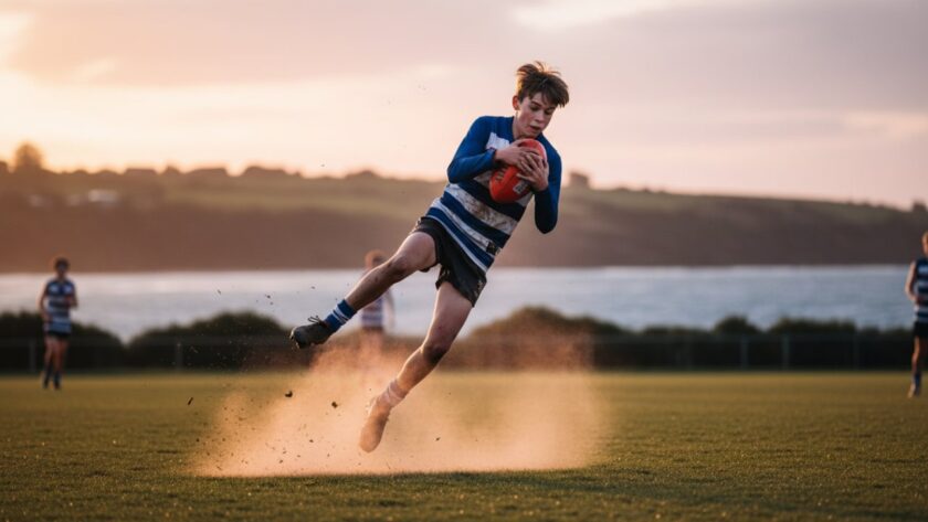 A thrilling, dynamic youth sports photography Somers moment: a young surfer mid-air, catching an epic wave at Somers Beach, dramatic golden hour light illuminating the spray and intense focus on their face, professional action shot.