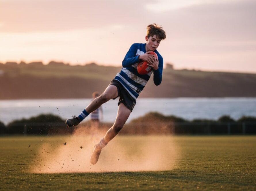 A thrilling, dynamic youth sports photography Somers moment: a young surfer mid-air, catching an epic wave at Somers Beach, dramatic golden hour light illuminating the spray and intense focus on their face, professional action shot.