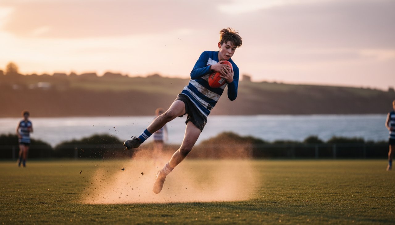 A thrilling, dynamic youth sports photography Somers moment: a young surfer mid-air, catching an epic wave at Somers Beach, dramatic golden hour light illuminating the spray and intense focus on their face, professional action shot.