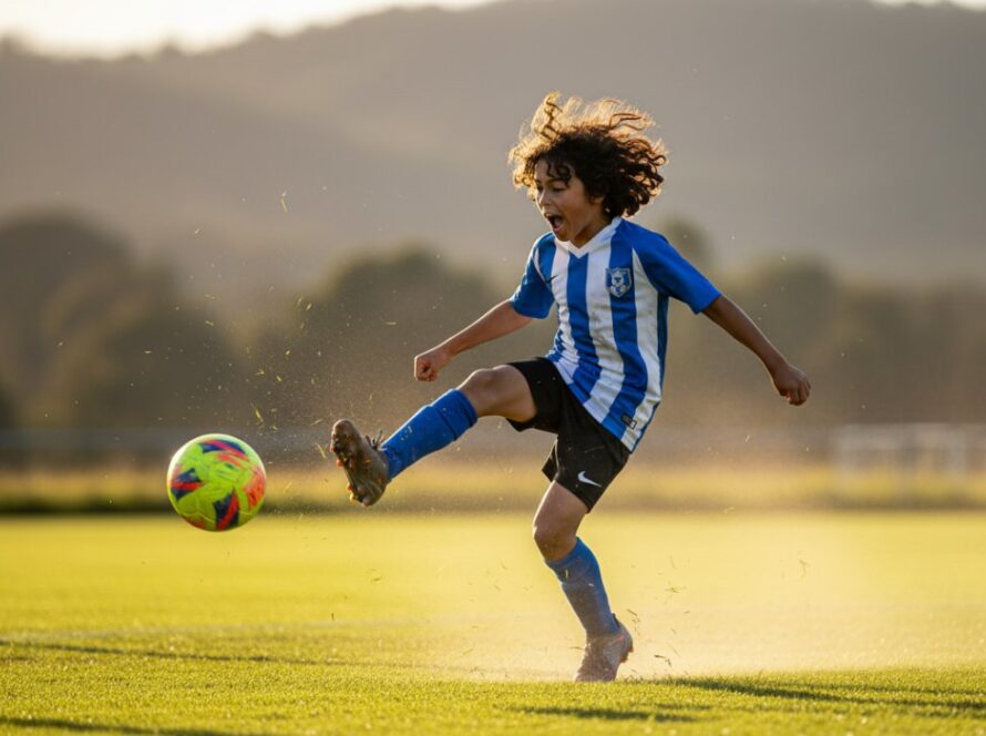 An exhilarating close-up of a young athlete, mid-leap, scoring a goal during a junior soccer match at the local grounds in The Patch, Victoria, captured with brilliant sunlight, embodying Dynamic Youth Sports Photography The Patch Victoria.