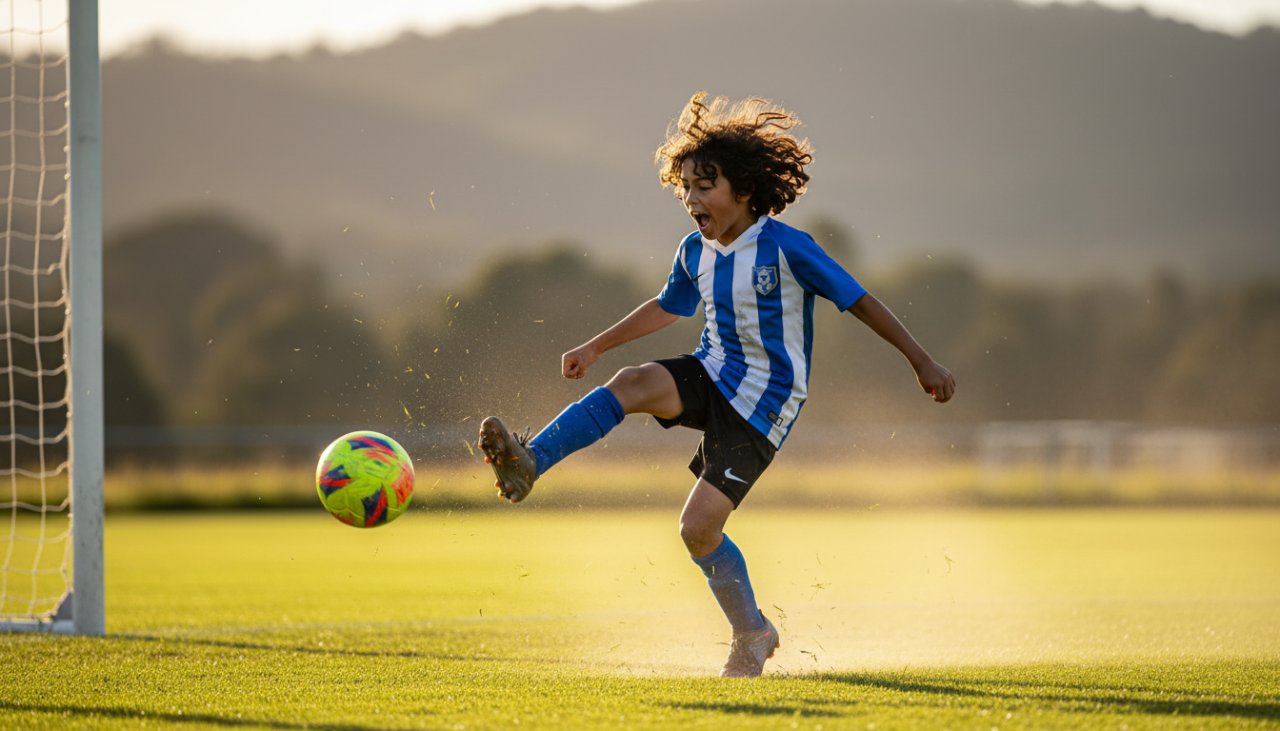 An exhilarating close-up of a young athlete, mid-leap, scoring a goal during a junior soccer match at the local grounds in The Patch, Victoria, captured with brilliant sunlight, embodying Dynamic Youth Sports Photography The Patch Victoria.