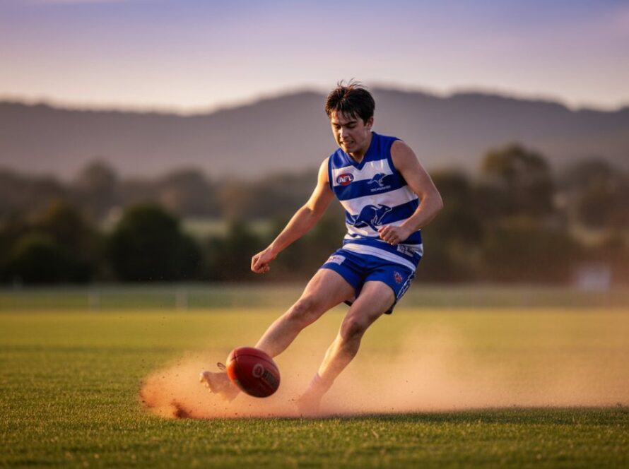 A powerful, low-angle shot of a young athlete mid-action on a sports field in Wandin East, sun setting behind them, capturing a dynamic youth sports photography Wandin East epic moment of triumph with dirt kicking up.
