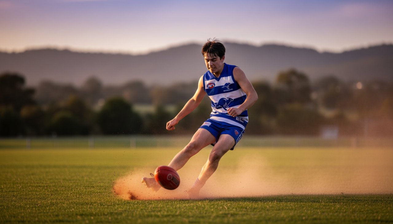 A powerful, low-angle shot of a young athlete mid-action on a sports field in Wandin East, sun setting behind them, capturing a dynamic youth sports photography Wandin East epic moment of triumph with dirt kicking up.