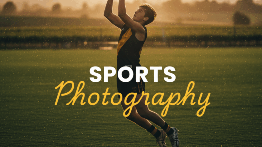 A moody, cinematic, street photography style image of a young athlete mid-action on a sports field in the Yarra Valley during golden hour, with the title 'Sports Photography' overlaid. This image exemplifies dynamic youth sports photography Yarra Valley.