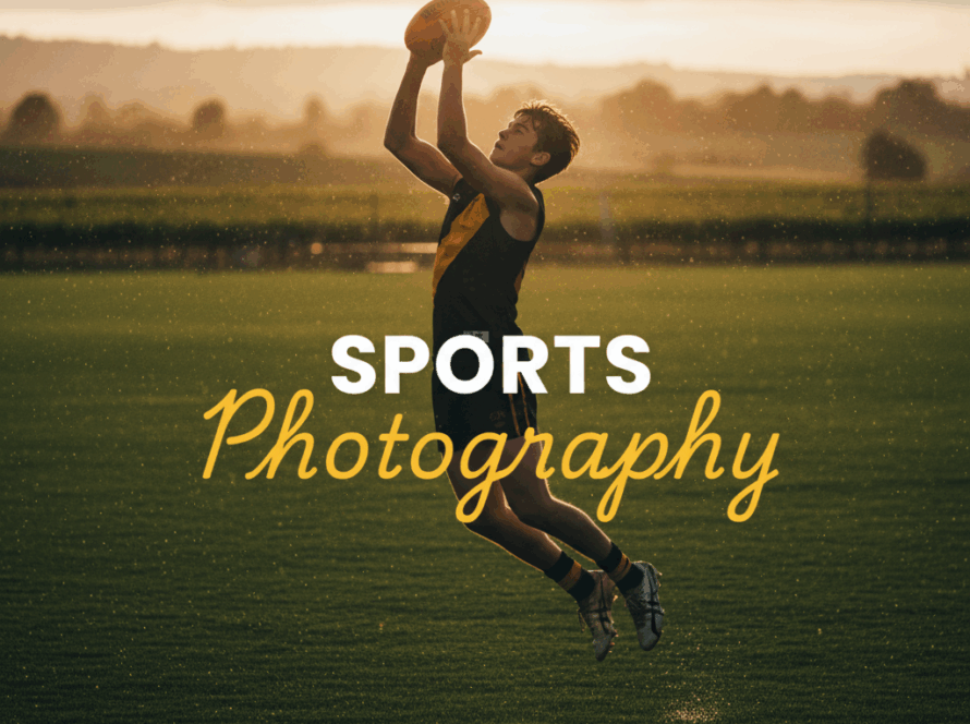 A moody, cinematic, street photography style image of a young athlete mid-action on a sports field in the Yarra Valley during golden hour, with the title 'Sports Photography' overlaid. This image exemplifies dynamic youth sports photography Yarra Valley.