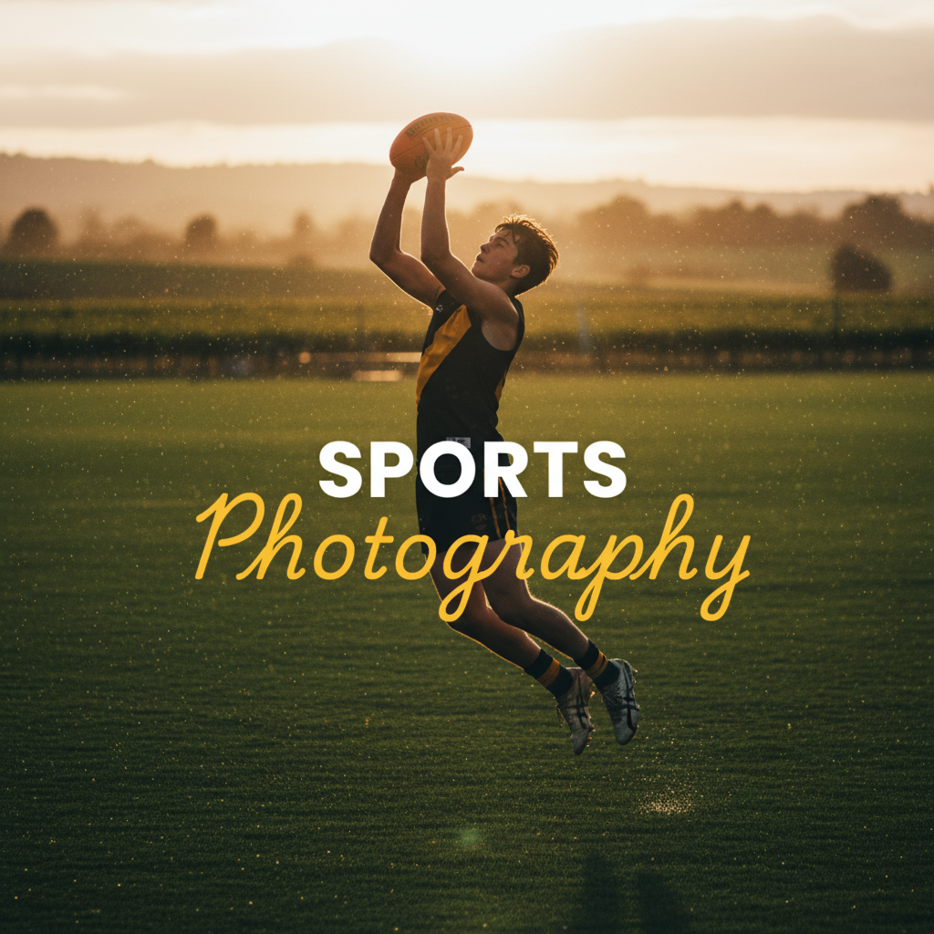 A moody, cinematic, street photography style image of a young athlete mid-action on a sports field in the Yarra Valley during golden hour, with the title 'Sports Photography' overlaid. This image exemplifies dynamic youth sports photography Yarra Valley.